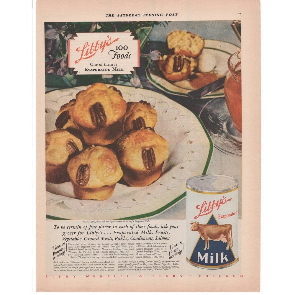 Libbys Evaporated Milk Advertisement Vintage 1929 Baking Muffins Pecan Cow Radio
